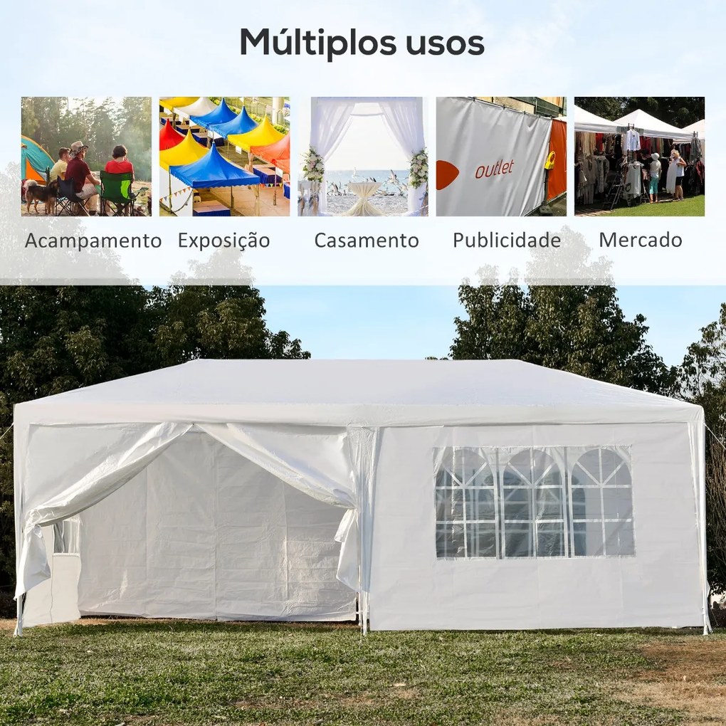 Outsunny Tenda para Festas 6x3 Tenda de Jardim com 2 Portas 4 Paredes Laterais Removíveis e 4 Janelas para Exterior Eventos Casamentos Branco