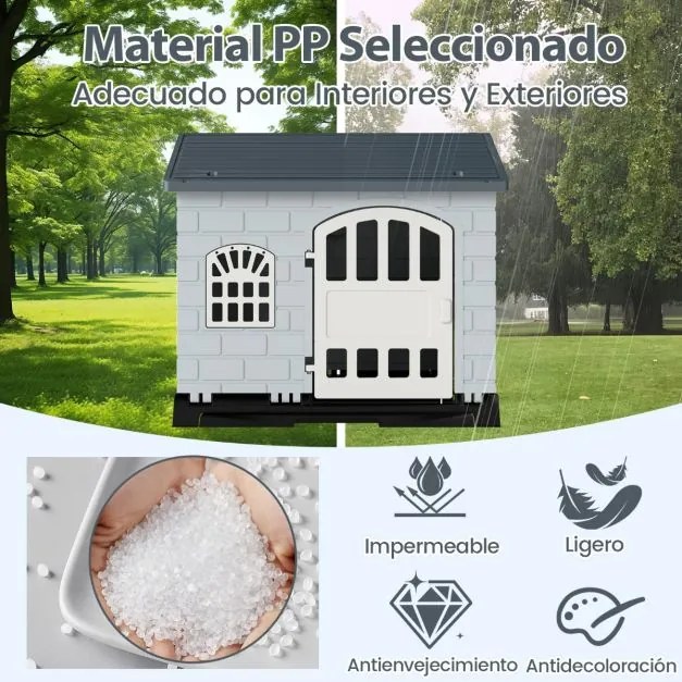Casota dobrável 75 x 58 x 65 cm de plástico para cães resistente às intempéries para animais de estimação com bandeja sanitária Porta Cinzento escuro