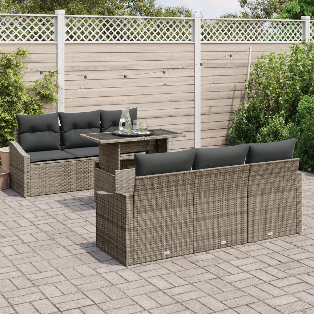 Conjunto de Sofá de Jardim de 7 Peças com Almofadas Cinza Polirattan