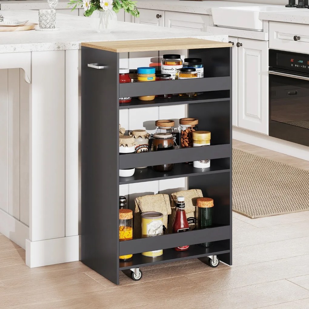 Carrinho Cozinha 47,5 x 30 x 80,5 cm de armazenamento estreito de 4 níveis com rodas e grades cinza e natural