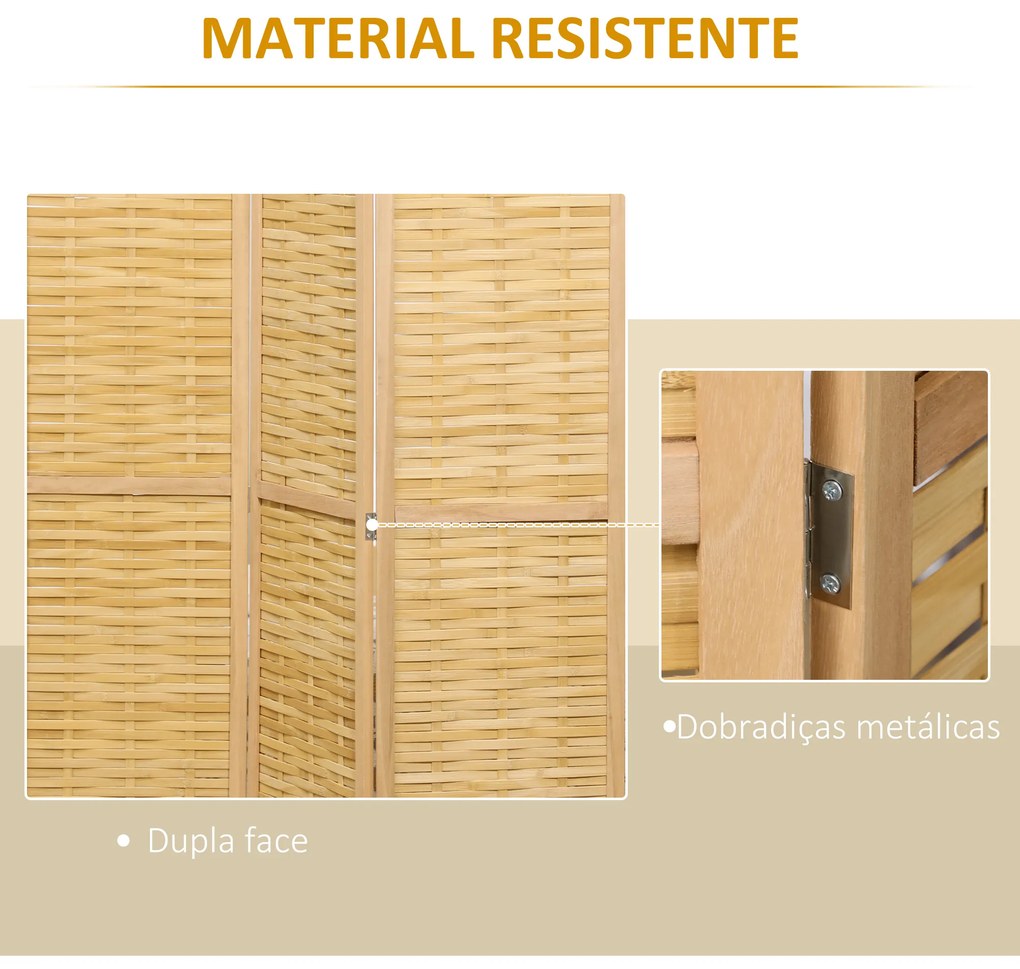 Biombo de 3 Paineis Separador de Ambientes Dobrável 120x1,8x170 cm Divisor de Ambientes com Padrão Tecido em Bambu Madeira
