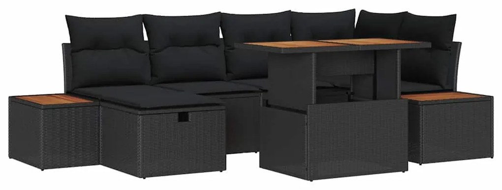 Conjunto de Sofá de Jardim 7 Peças com Almofadas de Rattan Preto em Po