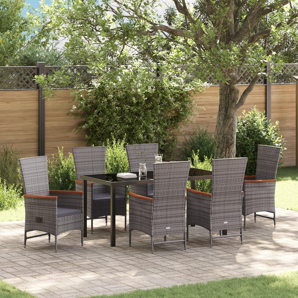 vidaXL Conjunto de Jantar de Jardim com 7 Peças e Almofadas Cinza Vime PE