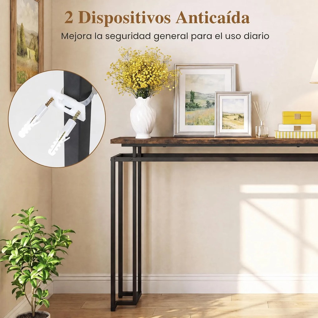 Mesa de Consola de 2 Níveis, 120 x 30 x 81 cm, Estrutura Metálica Resistente, Castanho+Preto