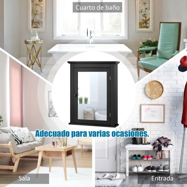 Armário de casa de banho com espelho de parede estante ajustável 56 x 15 x 69,5 cm Preto