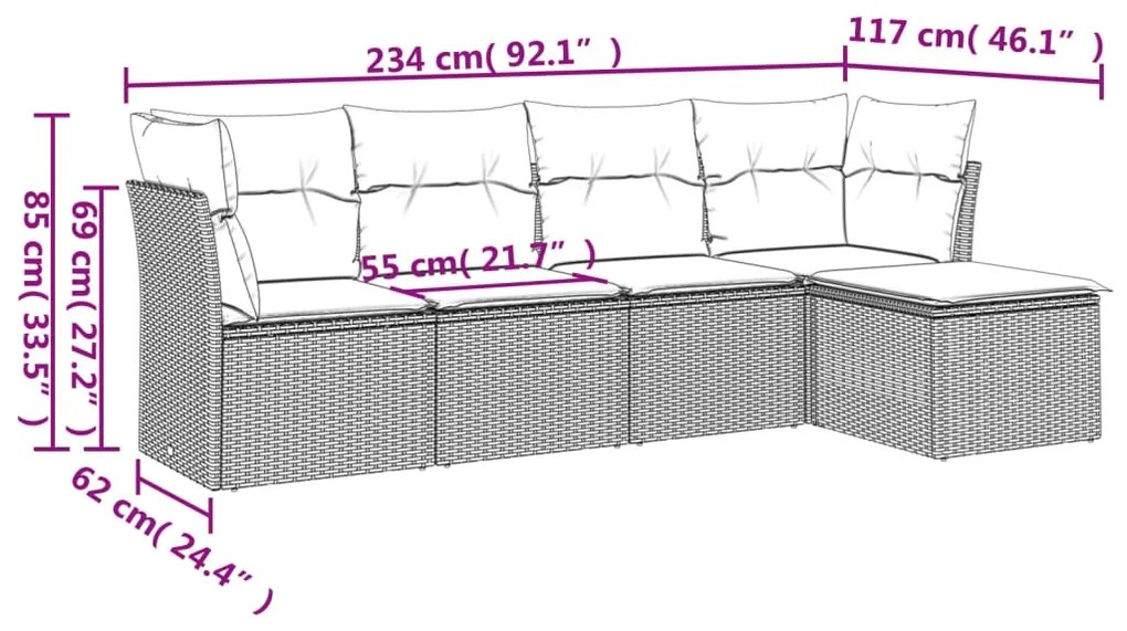 5 pcs conjunto sofás de jardim com almofadões vime PE preto