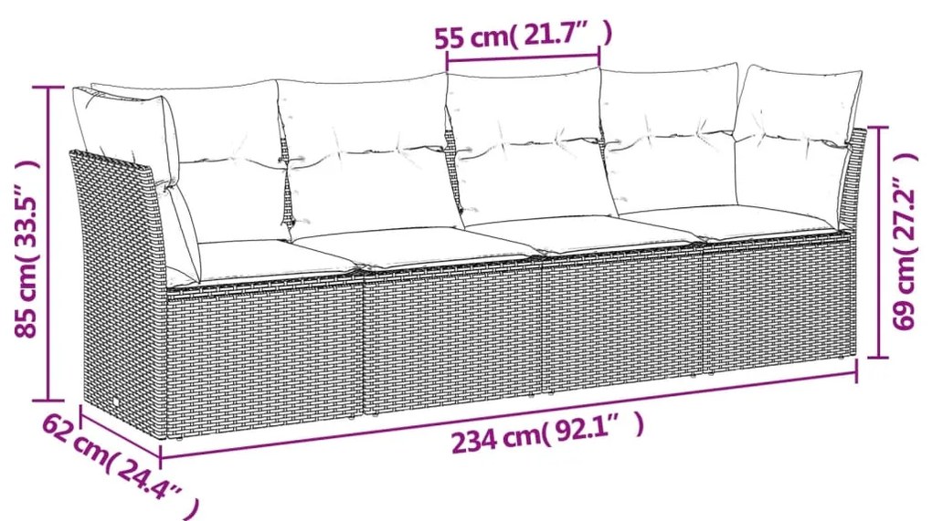 4 pcs conjunto de sofás para jardim c/ almofadões vime PE preto