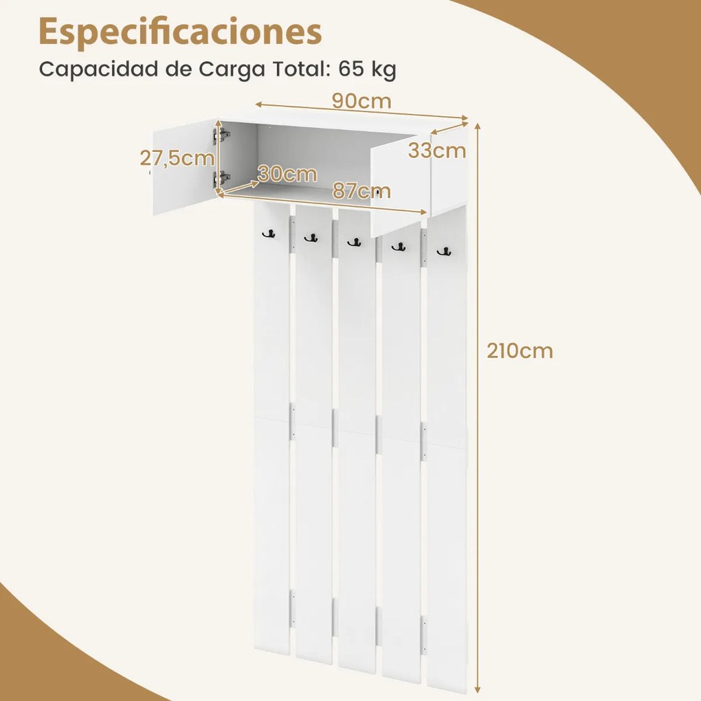 Cabide de parede para hall de entrada 90 x 33 x 210 cm com 5 ganchos duplos e armário com 2 portas e prateleira superior Branco