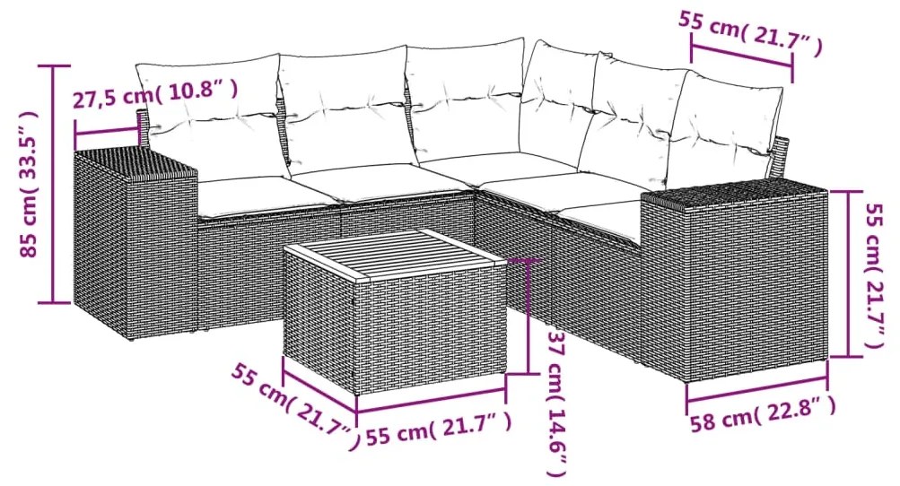 6 pcs conjunto de sofás p/ jardim com almofadões vime PE bege