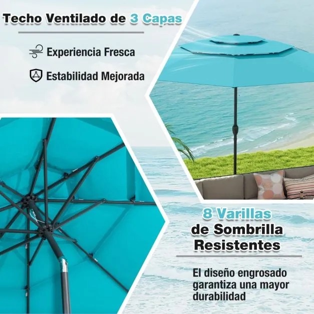 Guarda-sol ventilado de 3 níveis com botão de inclinação, manivela, 8 varas resistentes, 300 x 300 x 245 cm, turquesa