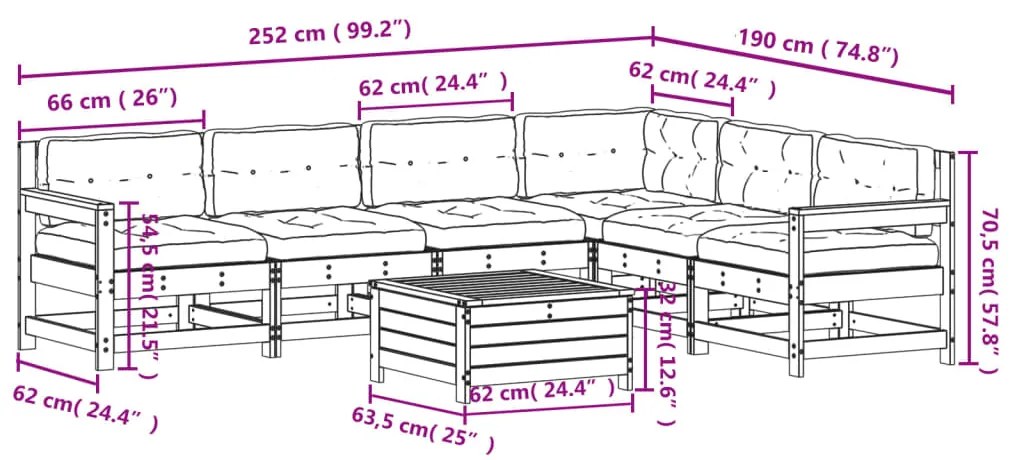 7 pcs conjunto lounge de jardim c/ almofadões pinho impregnado