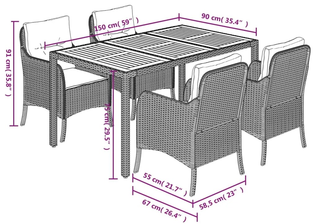 5 pcs conjunto de jantar p/ jardim c/ almofadões vime PE preto