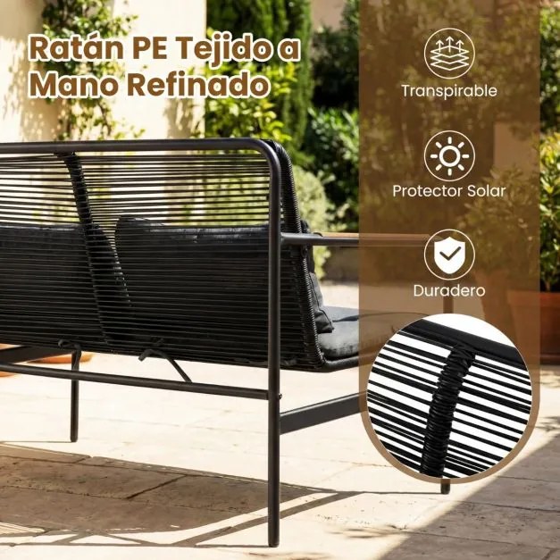 Conjunto de jardim, 4 peças, em vime com estrutura metálica e almofadas em rattan PE, 2 poltronas com mesa, para alpendre, jardim ou varanda, Cinzento