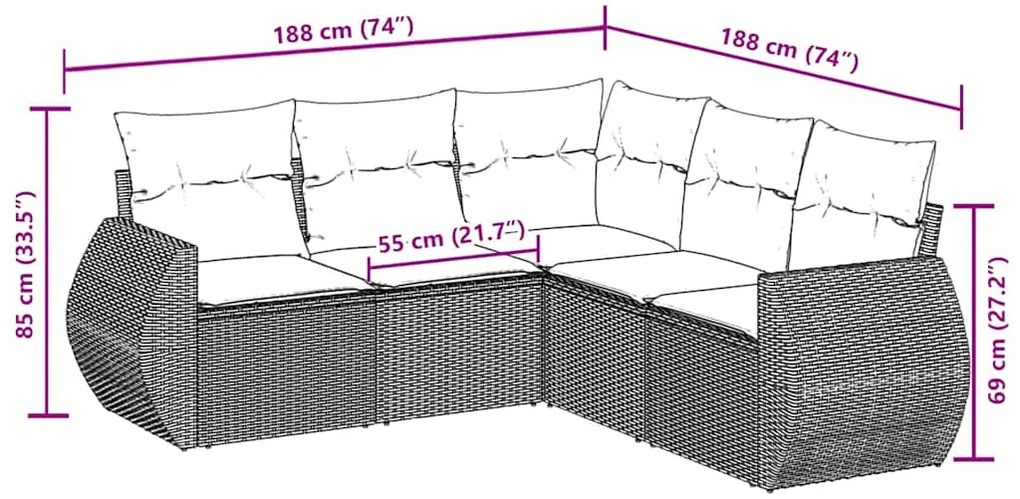 5 pcs conjunto sofás de jardim com almofadões vime PE preto