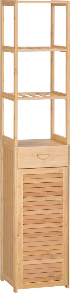 kleankin Prateleira para banheiro, 3 compartimentos abertos, gaveta, porta de ripas, bambu, 32 x 30 x 163 cm | Aosom Portugal