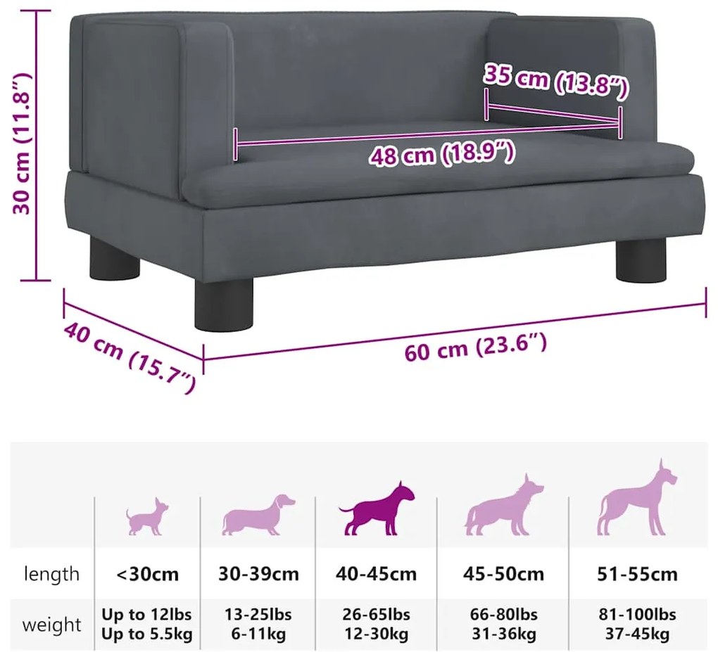 Cama para cães 60x40x30 cm veludo cinzento-escuro