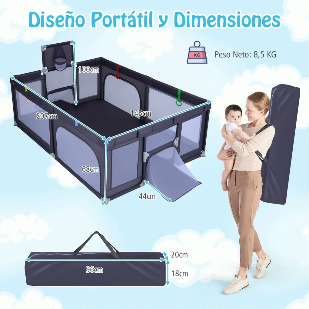 Parque infantil grande e seguro 207 x 145 x 68 cm com cesto de basquetebol e redes de futebol, argolas para lançar e bolas oceânicas, portas cinza esc