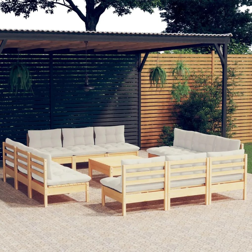 vidaXL 13 pcs conjunto lounge jardim c/ almofadões cor creme pinho