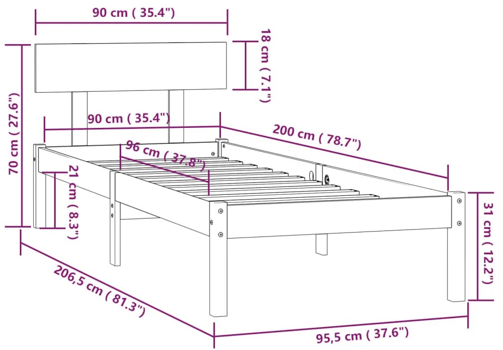 Estrutura de cama 90x200 cm pinho maciço branco