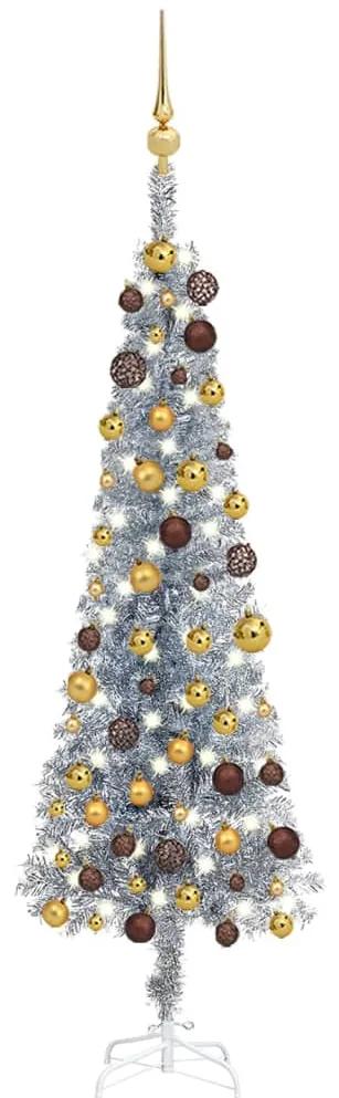 3078049 vidaXL Árvore de Natal fina com luzes LED e bolas 120 cm prateada