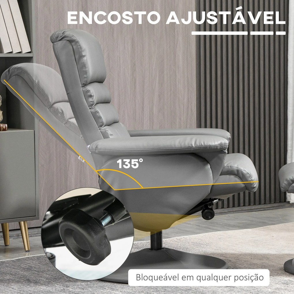 Poltrona Relax com Apoio para os Pés Estofada em PU Poltrona Relax Reclinável até 135° e Giratória 360° com Encosto Ajustável para Sala de Estar Dormi
