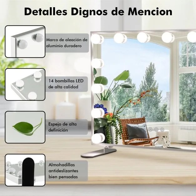 Espelho de maquilhagem iluminado com LED 2 em 1 Espelho de mesa e de parede Espelho retangular para toucador com 3 modos de iluminação Controlo tátil