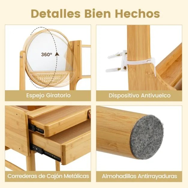 Toucador pequeno com espelho para maquilhagem 60 cm x 46,5 cm x 122 cm com 2 gavetas e prateleiras abertas Natural