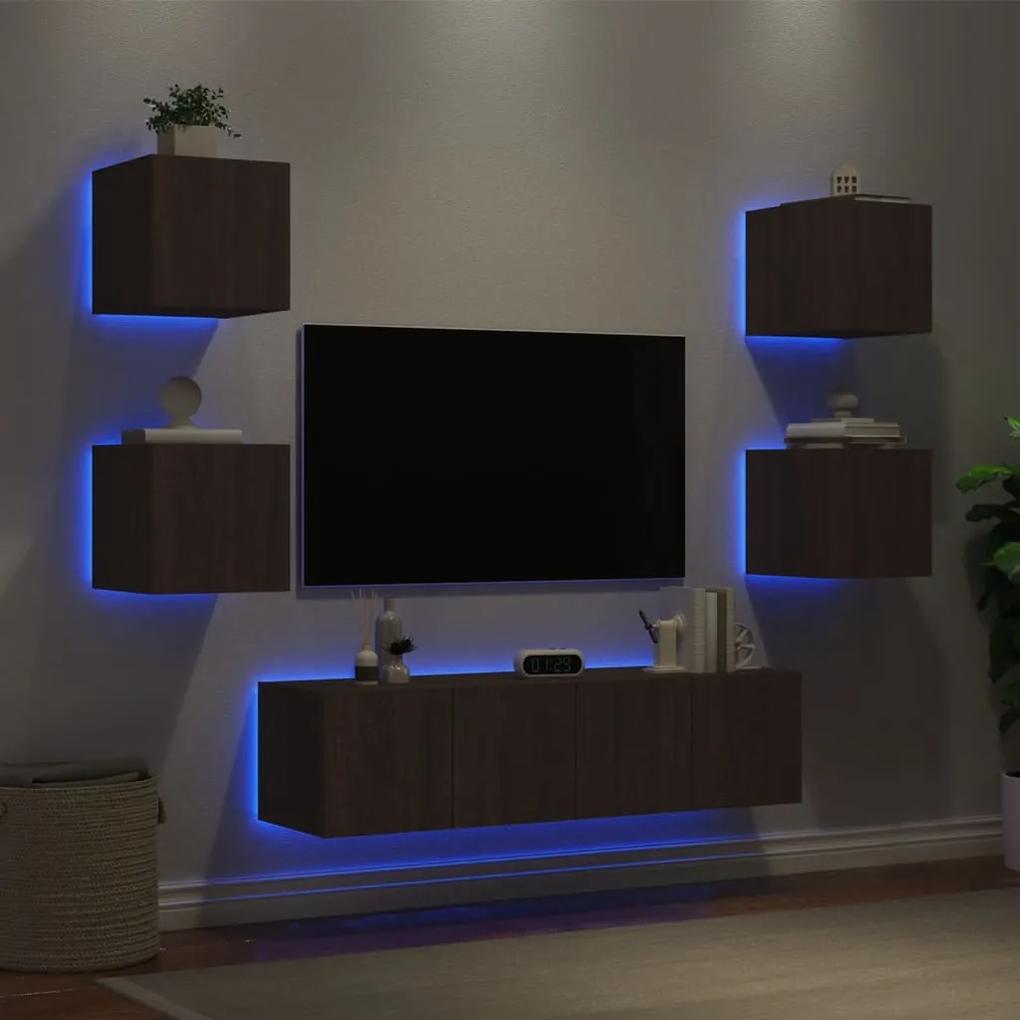6 pcs móveis parede p/ TV LEDs deriv. madeira carvalho castanho