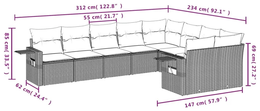 9 pcs conjunto sofás p/ jardim c/ almofadões vime PE castanho