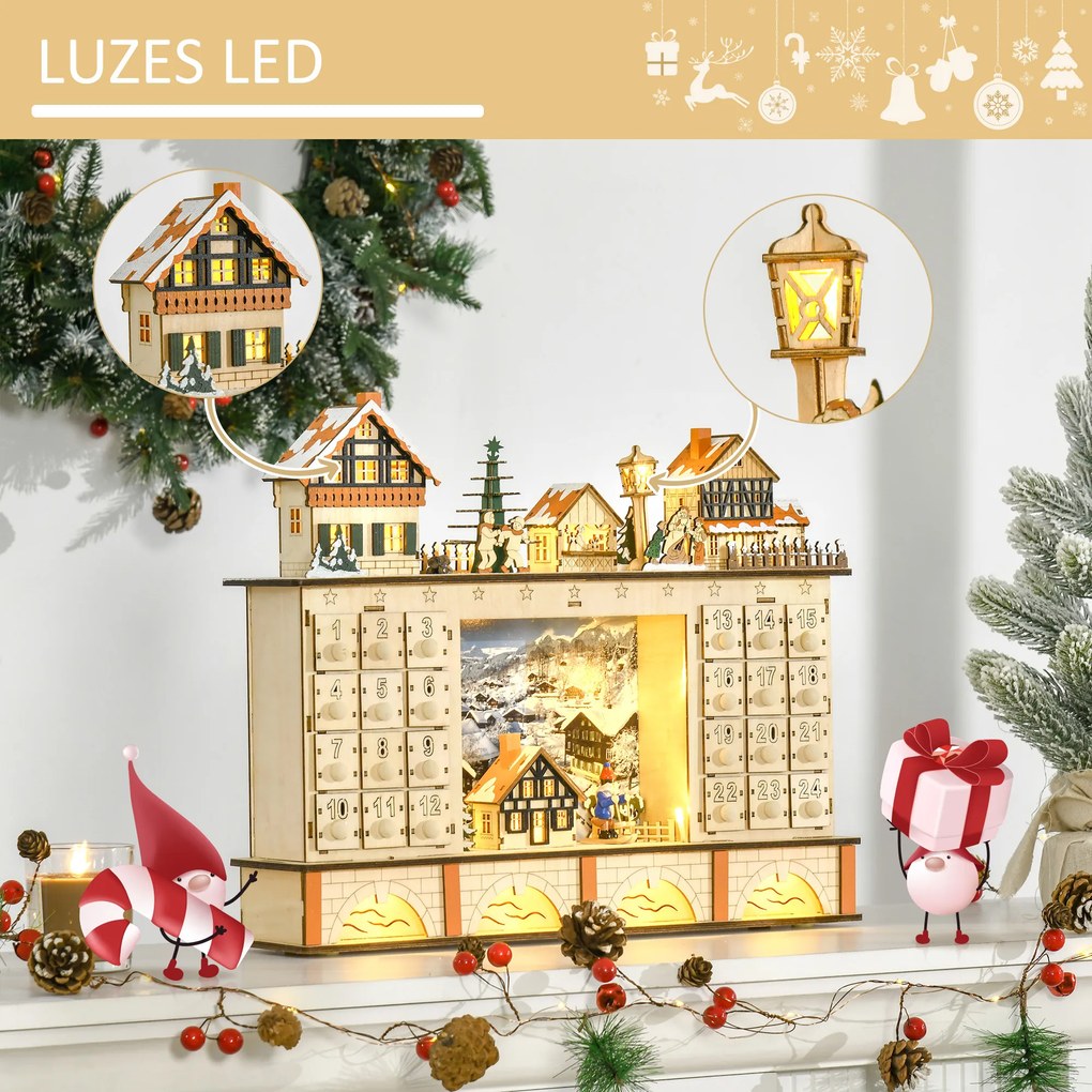HOMCOM Calendário de Advento Calendário de Advento de Madeira com Luzes e 24 Gavetas de Contagem Regressiva Decoração de Natal 44x10x37 cm Madeira