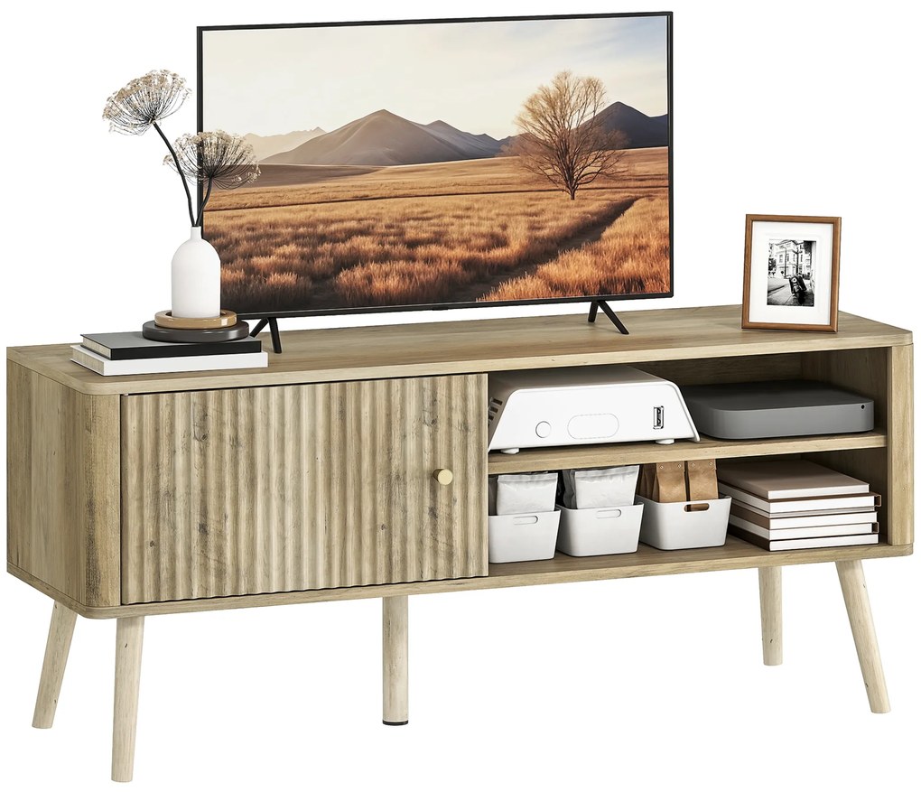 Móvel de TV para Televisão até 55 Polegadas com Porta Acanalada Prateleira Ajustável Compartimentos Abertos 115x35x49 cm cor Carvalho