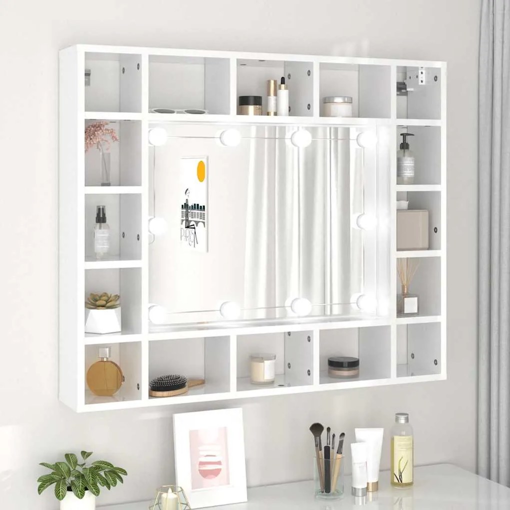 vidaXL Armário espelhado com LED 91x15x76,5 cm branco brilhante