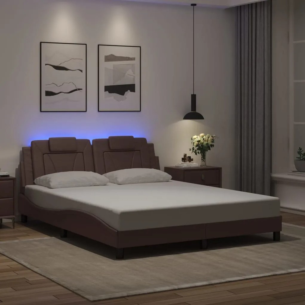 Estrutura cama c/ luzes LED 160x200cm couro artificial castanho