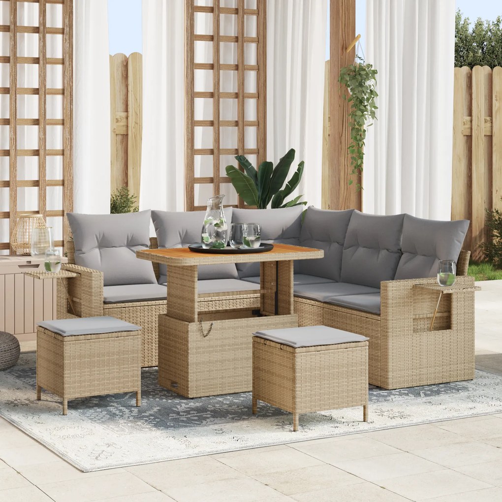 Conjunto de Sofá de Jardim vidaXL com Almofadas Bege Rattan Poliéster