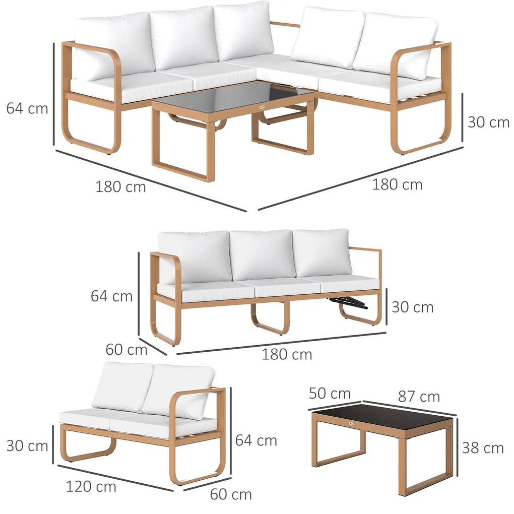 Conjunto de Jardim de 3 Peças com Sofá de 3 Lugares com Assento Ajustável Sofá de 2 Lugares e Mesa de Centro Creme