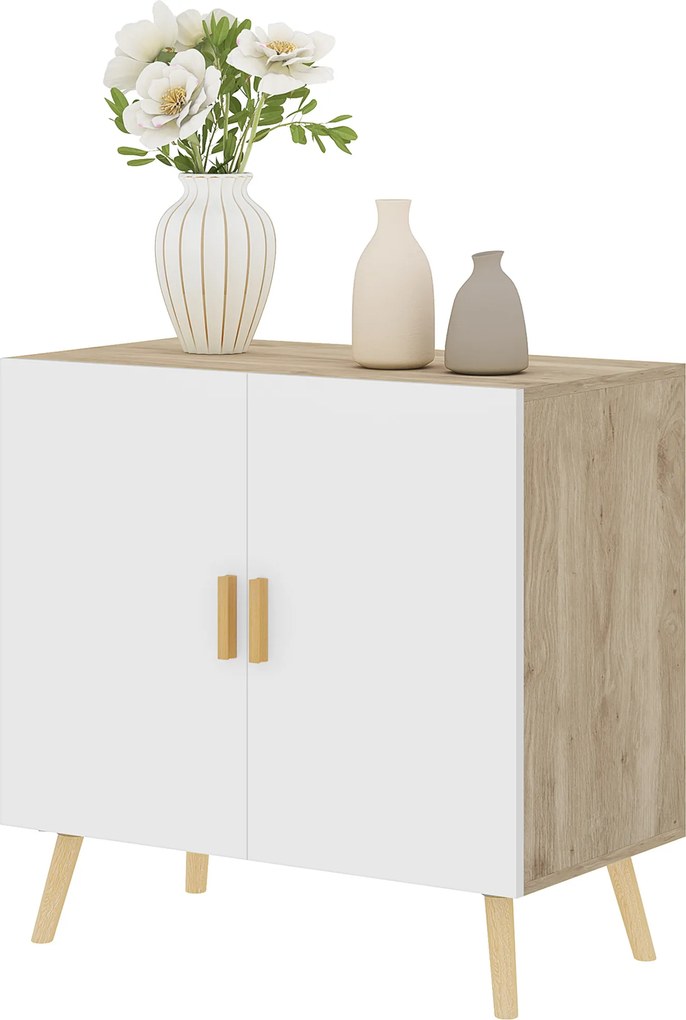 Aparador com puxadores de bambu, prateleira ajustável e base elevada – 76 x 41,2 x 74 cm, branco e cor madeira natural