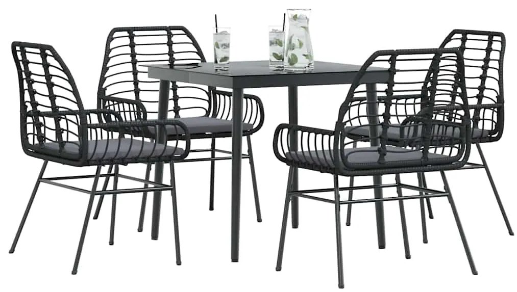 vidaXL Conjunto de jantar jardim 5 peças almofadas vidro vime PE preto