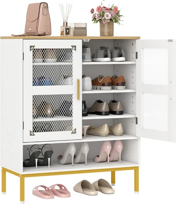 Sapateira com 5 níveis e portas de malha 70 x 35 x 93 cm Organizador moderno para sapatos em madeira com prateleiras ajustáveis e pés brancos