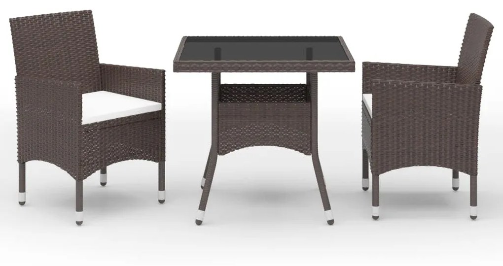 vidaXL 3 pcs conj. jantar p/ jardim vime PE e vidro temperado castanho