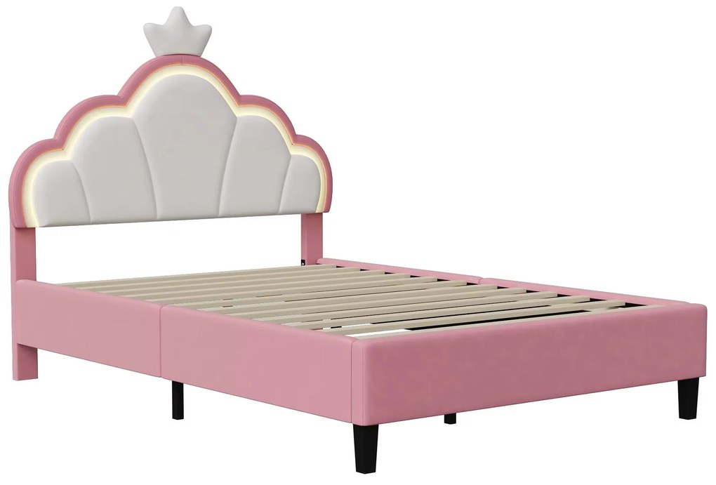 90X200Cm/140X200Cm Pink PU Children'S Bed Frame,With LED and Crown-Sha