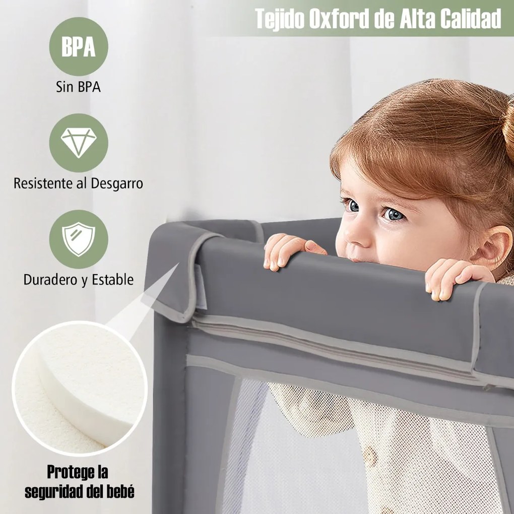 Parque para bebés 206 x 147 x 68,5 cm com rede respirável, bolsa de transporte, 50 bolas oceânicas e porta com fecho de correr – Cinzento