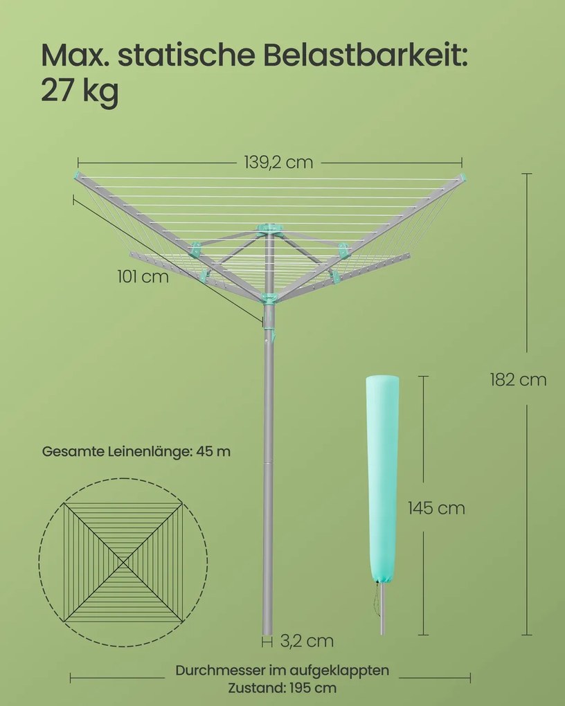 Estendal de roupa giratório 139,2 x 139,2 x 182 cm com capa protetora e 45 m de corda para 4 cargas de roupa Prateado