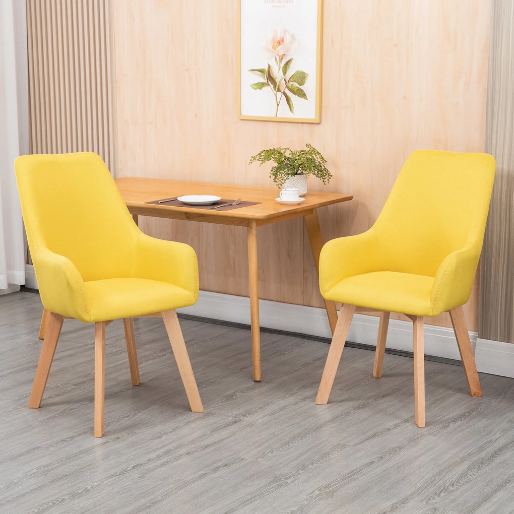 HOMCOM Conjunto de 2 Cadeiras de Sala de Jantar Cadeiras de Sala de Jantar Estofada em Linho com Encosto Alto e Pés de Madeira de Borracha para Sala de Estar Escritório Carga Máxima 120kg 60x67,5x101cm Amarelo