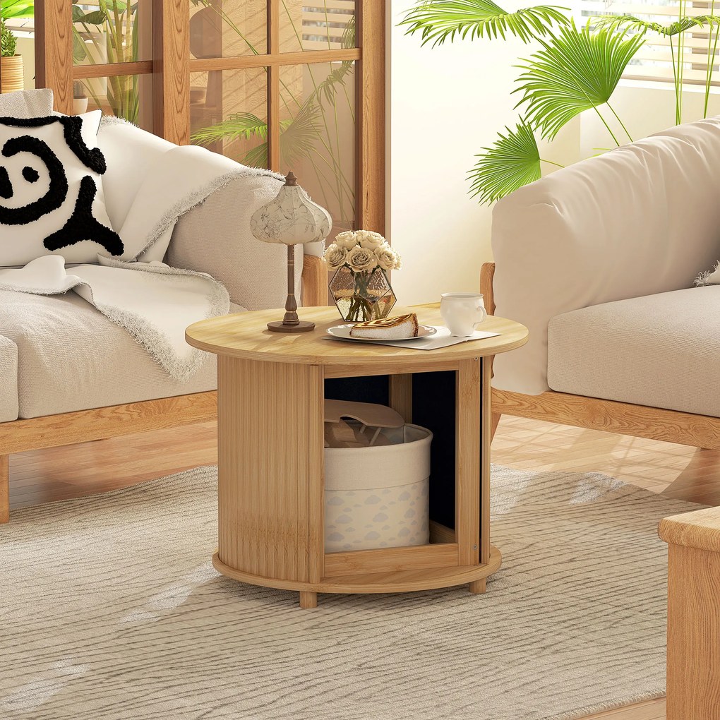 Mesa de centro  Ø 60 x 45 cm (altura) redonda de bambu com espaço de arrumação oculto e porta de correr natural