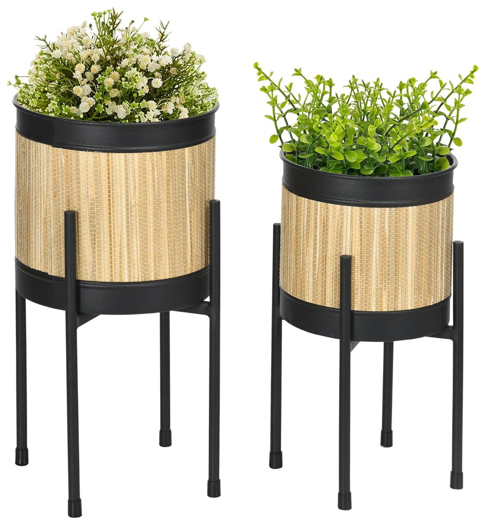 Conjunto de 2 Suportes para Plantas de Metal Revestido em Junco Suporte para Vasos de Plantas Redondos para Sala de Estar Cozinha Dormitório Ø16x30 cm