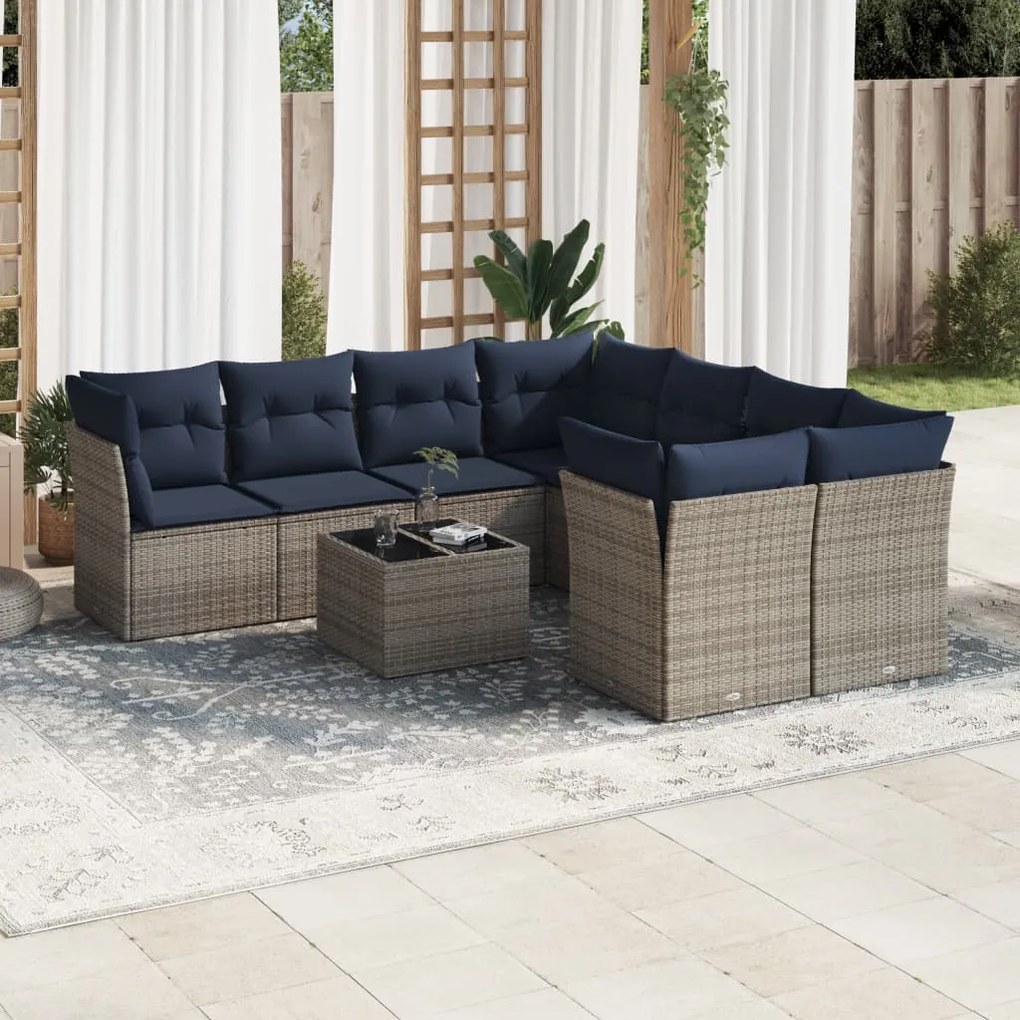 vidaXL 9 pcs conjunto sofás p/ jardim c/ almofadões vime PE cinzento
