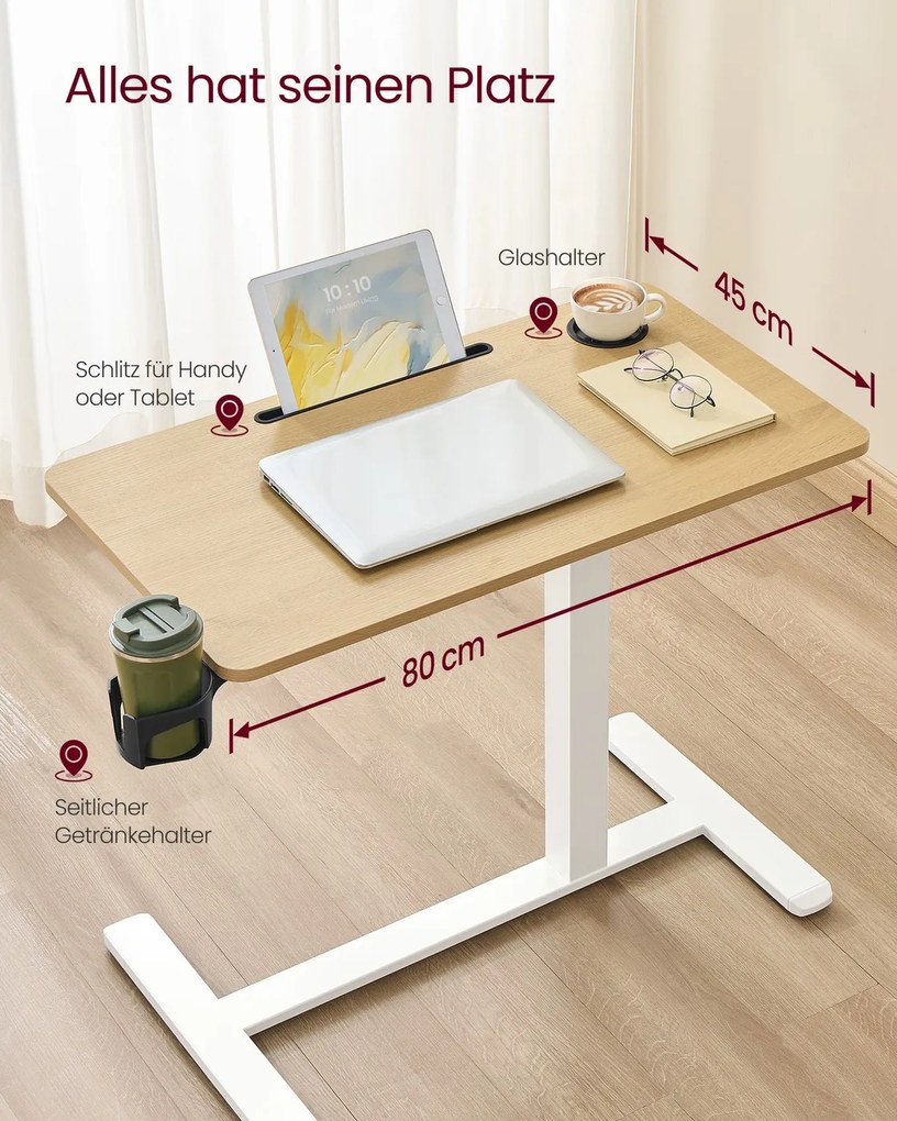 Mesa auxiliar móvel com rodas e suportes para bebidas 80 x 45 x (65-102) cm, em tom de carvalho dourado