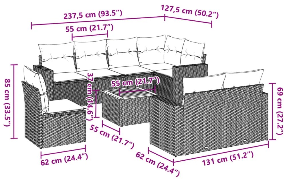 9 pcs conjunto de sofás p/ jardim c/ almofadões vime PE preto