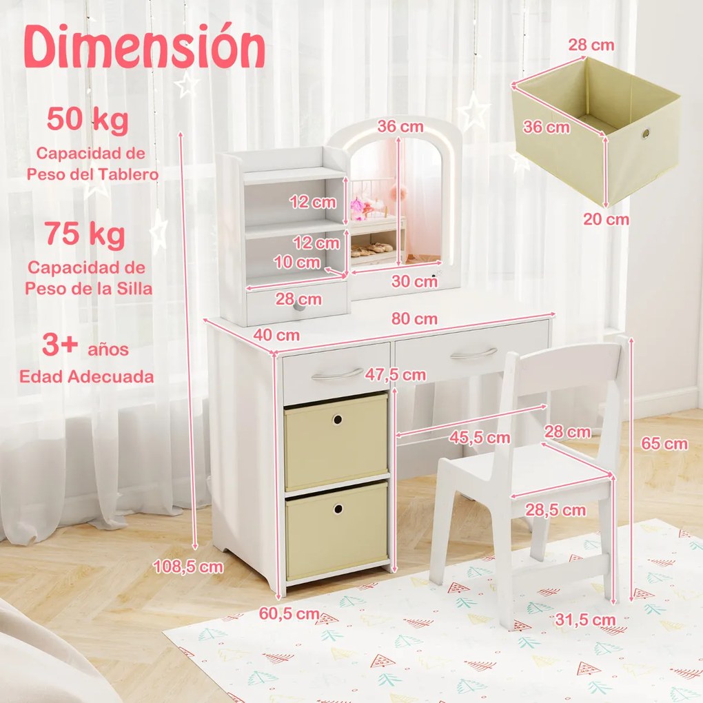 Conjunto de Toucador para Crianças com Espelho Iluminado para Princesas com Luzes Branco