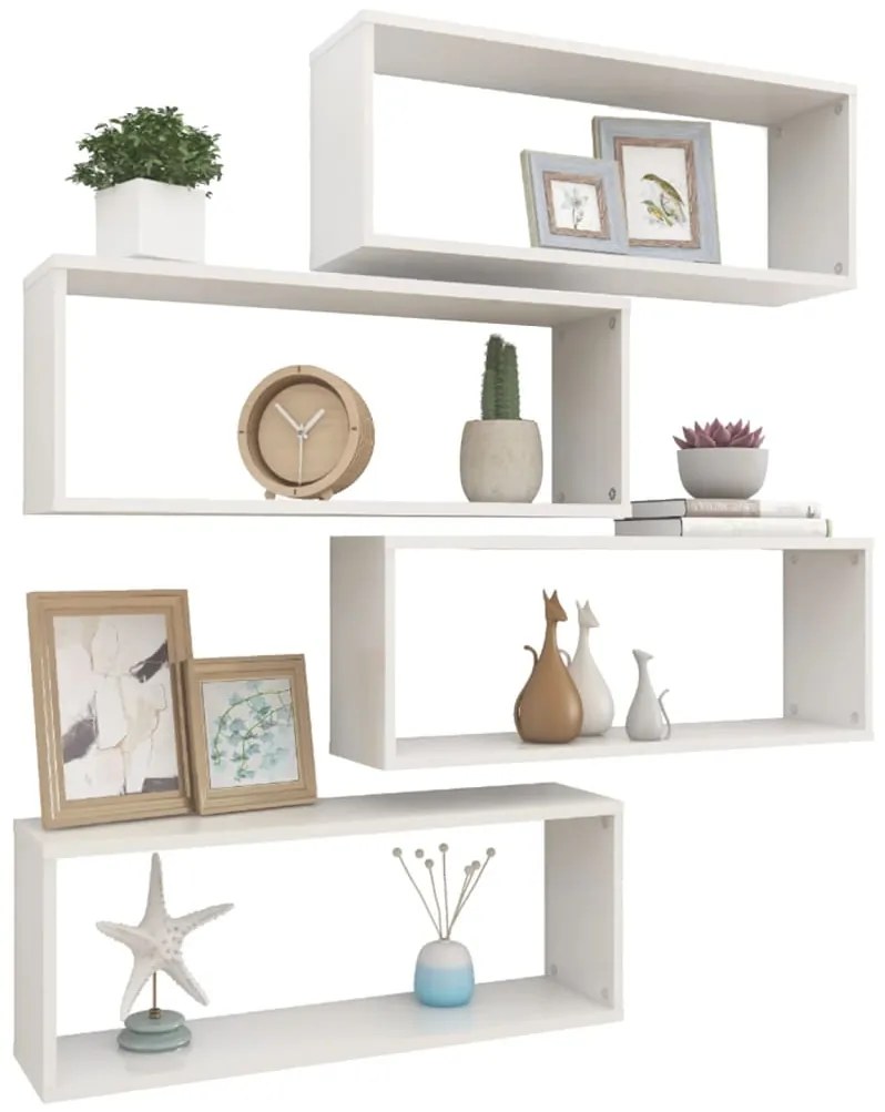 Prateleiras parede cúbicas 4 pcs deriv. madeira branco brilh.